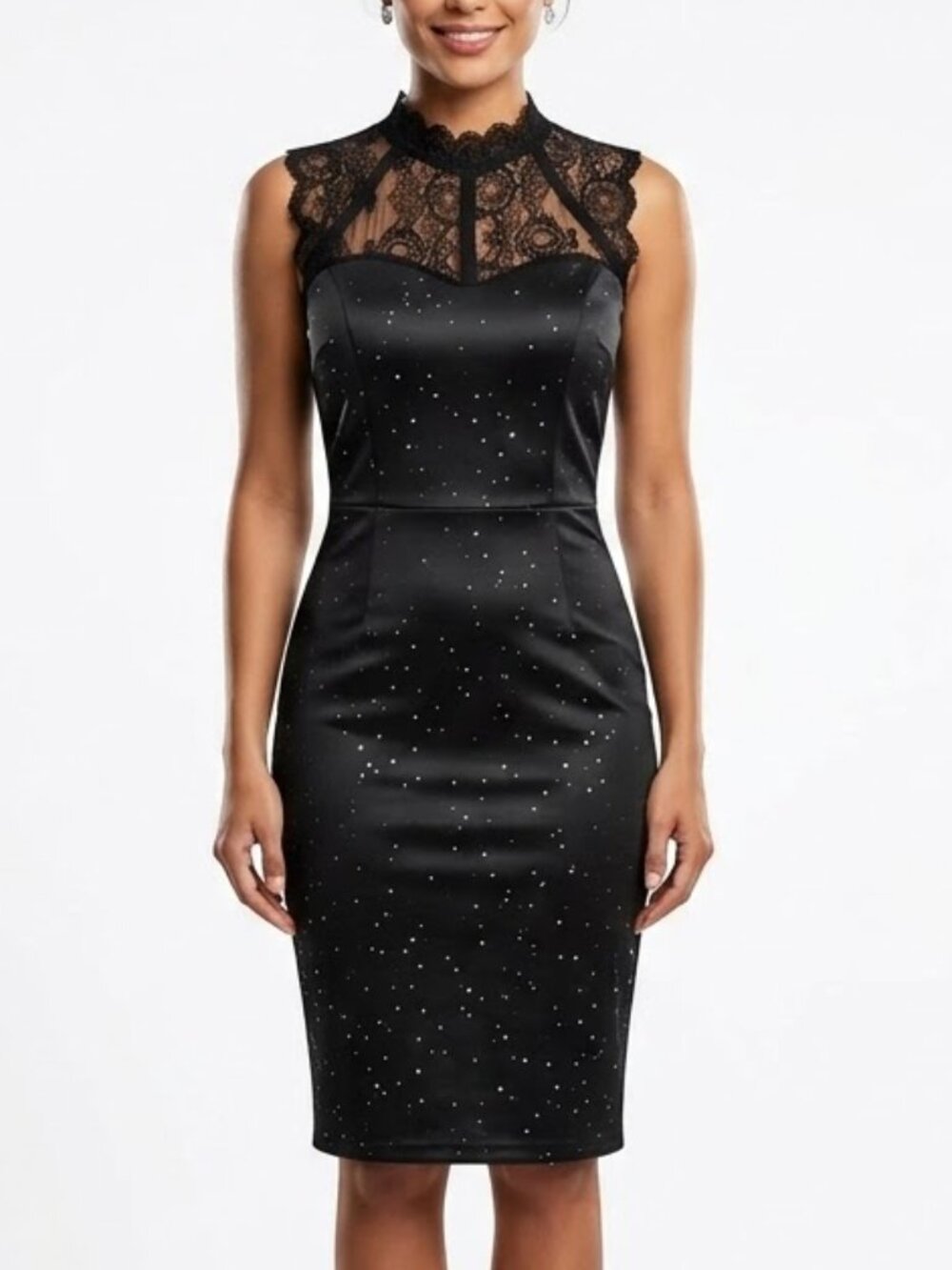 CHICME Whimsigoth Glitter Bodycon Dress Sheer Lace High Neck Backless XL